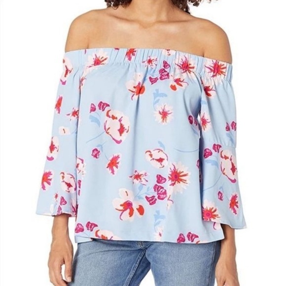 Mud Pie Tops - Mud Pie Blue Floral Off The Shoulder Bell Sleeve Blouse Large
